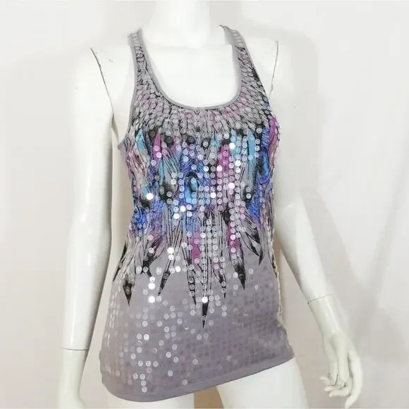 Almost Famous tribal feather sequin disc tank top - Picture 1 of 6